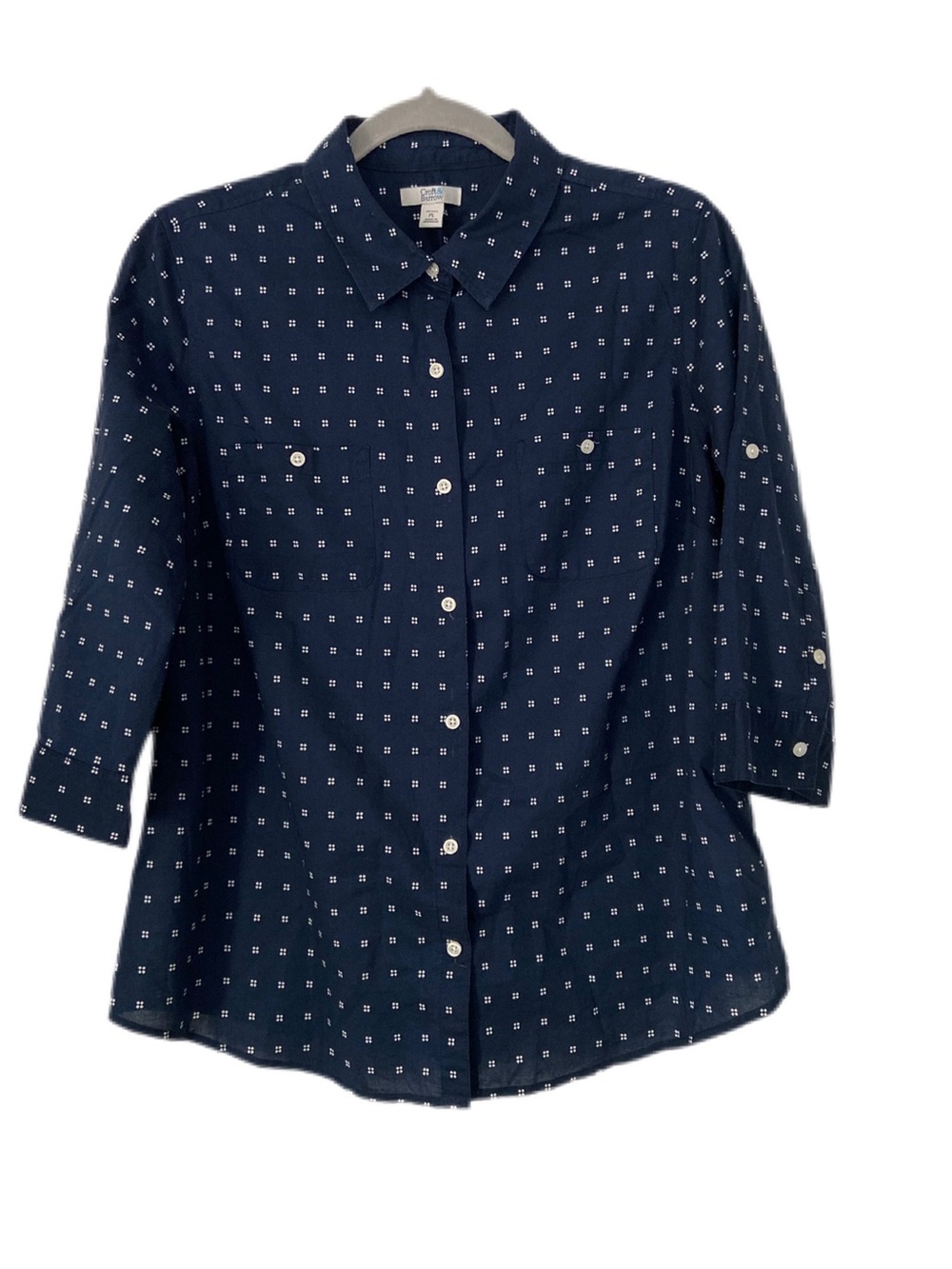 Croft & Barrow Navy 3/4 Sleeve Button-Down Shirt with White Dot Grid Size PL
